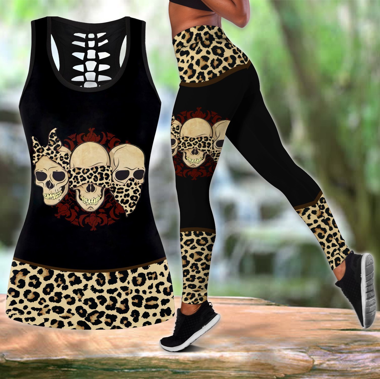 Three Skulls With Leopard Accessories Combo Tank-Top And Legging 3D All Over Print