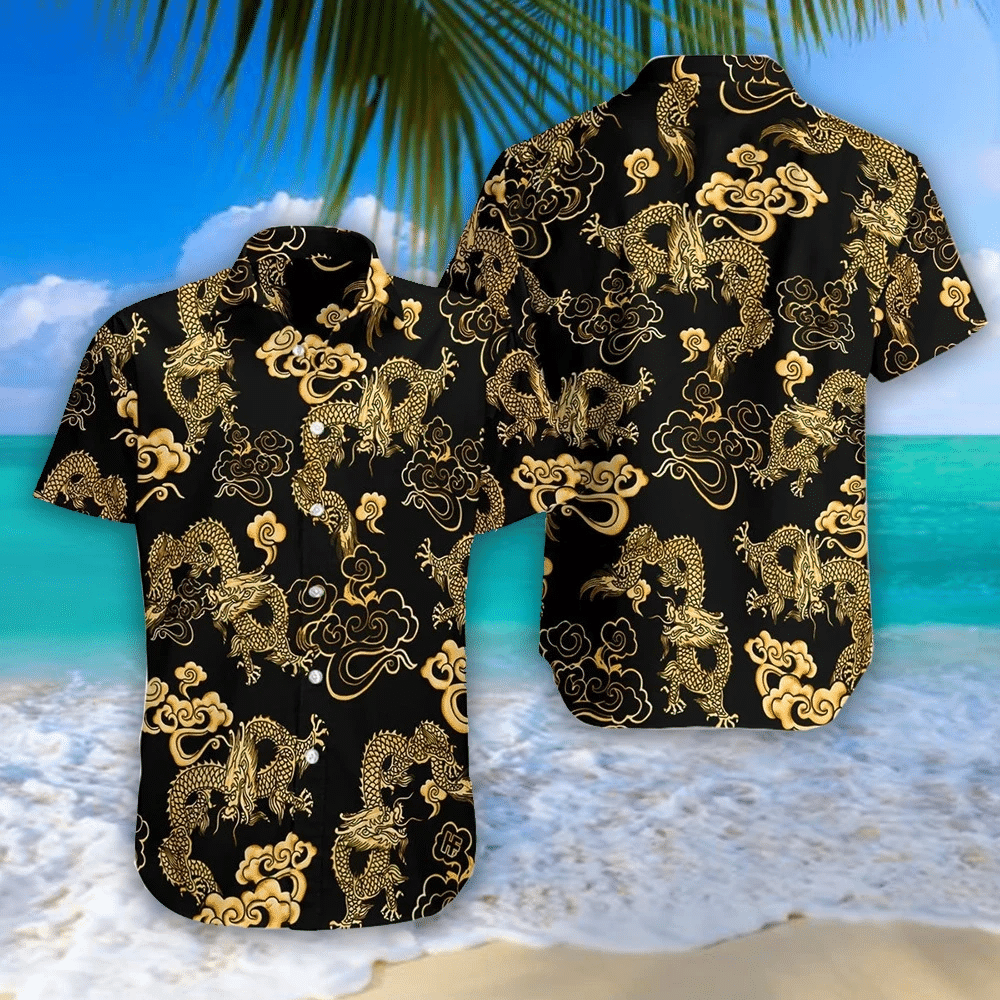 Black Gold Oriental Dragon Hawaii Shirt Unisex Adult Ha64202