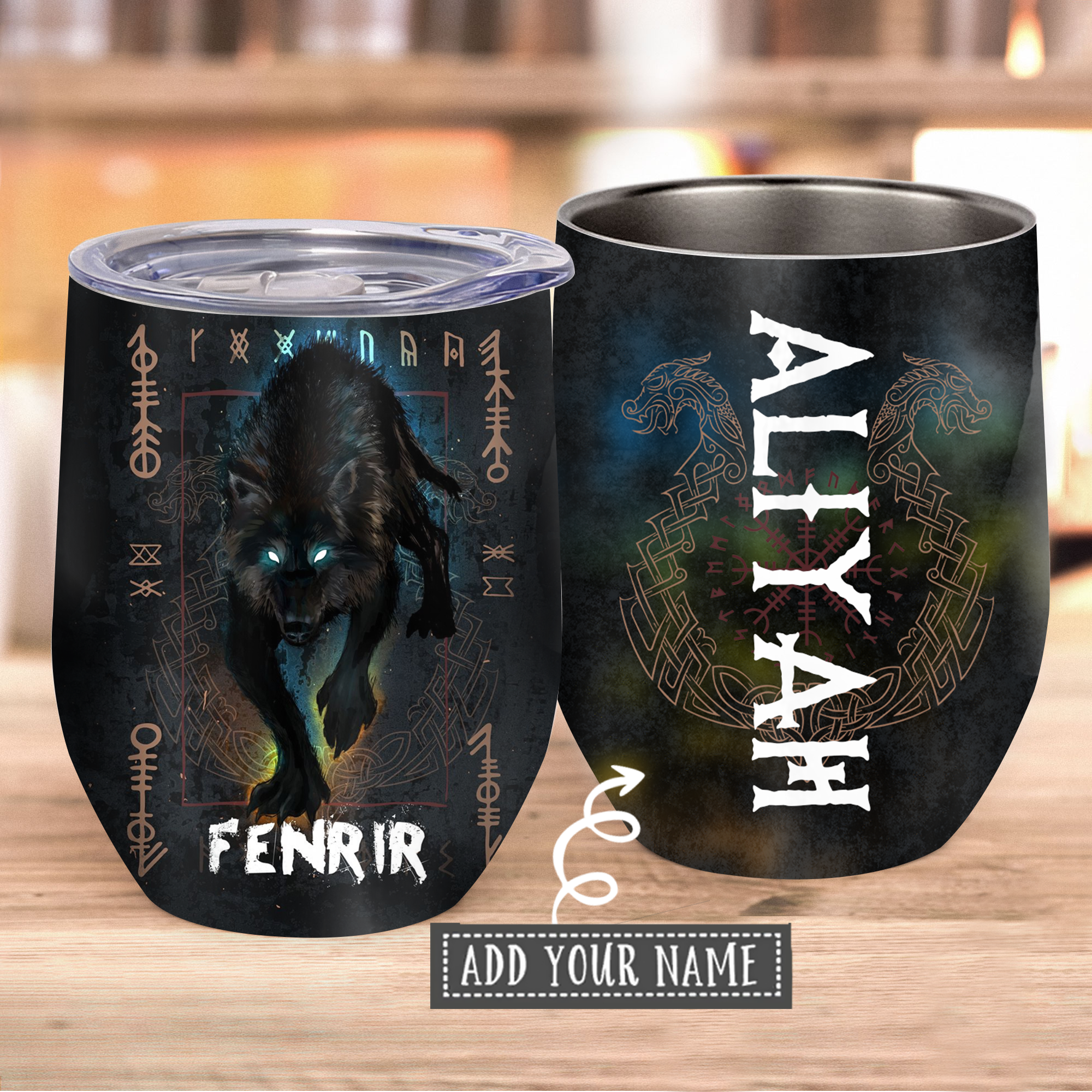 Viking Wolf Black In Cool Black Style Personalized – Wine Tumbler  – Owl Ohh