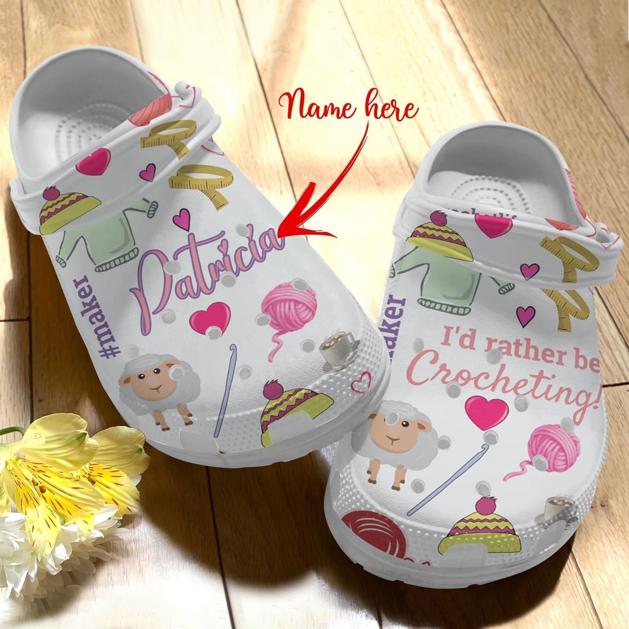 Crochet Personalized Personalize Clog, Custom Name, Text, Fashion Style For Women, Men, Kid, Print 3D Whitesole I’D Rather Be Crocheting