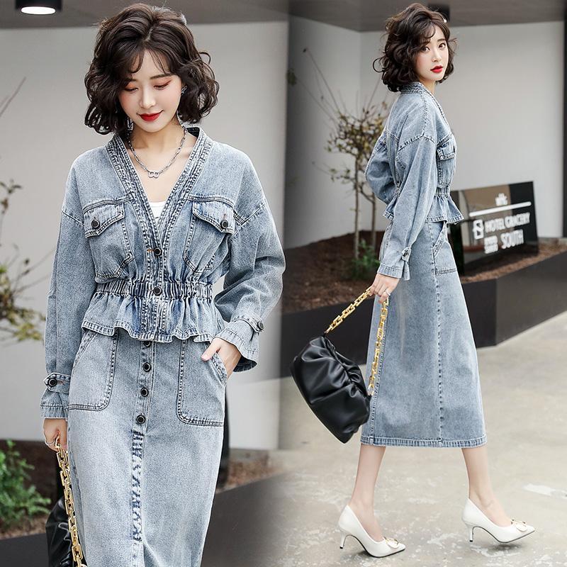 Two-piece suit Vintage Denim Sets Women 2021 Fashion New Autumn Elegant Temperament Slim Denim Jacket+Skirt Lady Clothing Suit alx