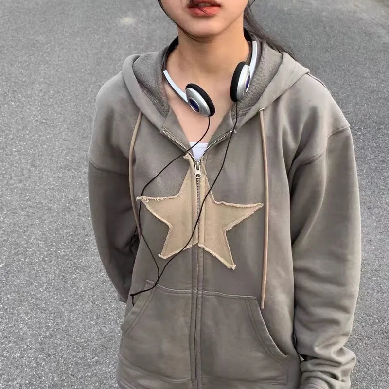 Y2k Zip up Hoodie Star Patch Cotton Women Loose Tops Harajuku Punk Gothic Clothes Grunge Casual Women’s Sweatshirt Hip Hop alx