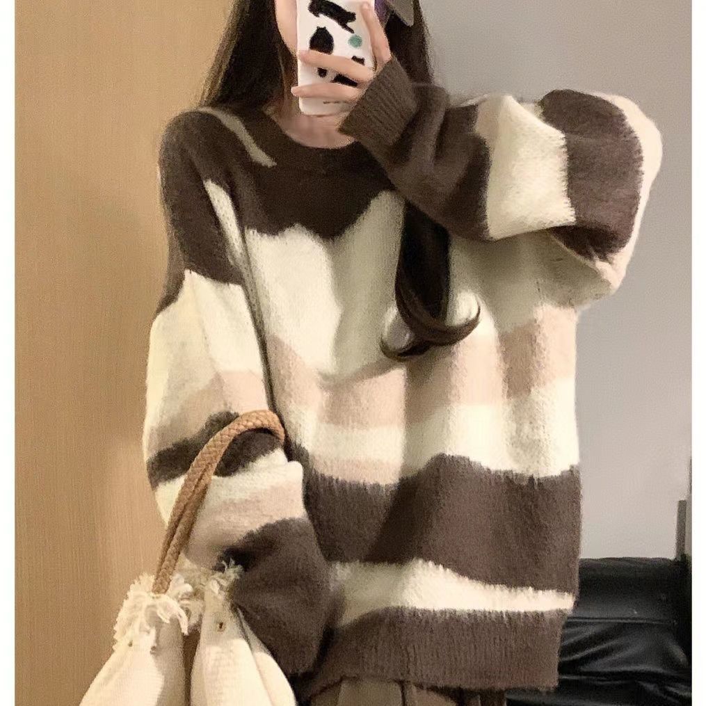 2000s Chic Y2K Sweaters Women Striped Mohair O-Neck Long Sleeve Knitted Pullovers Tops Vintage Autumn Grunge Clothes Jumpers alx