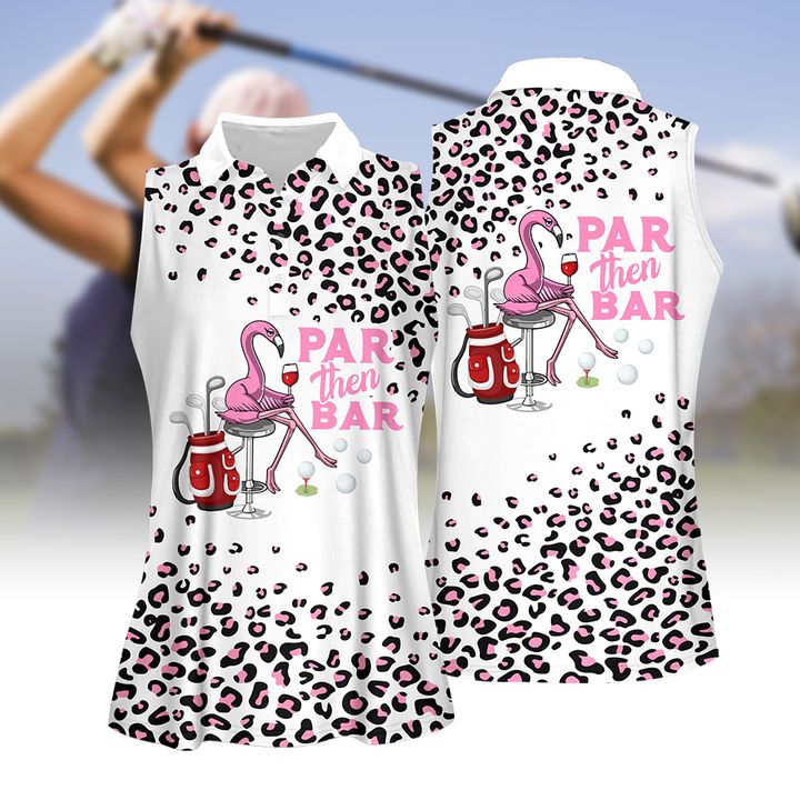 Pink Leopard Par Then Bar Flamingo Women Golf Apparel, Golf Shirts For Women Sleeveless With Collar, Ladies Sleeveless Golf Shirt