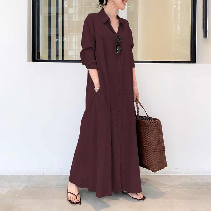 2022 ZANZEA Women Shirt Dress Autumn Lapel Neck Long Sleeve Maxi Sundress Elegant Office Work Solid Long Vestidos alx