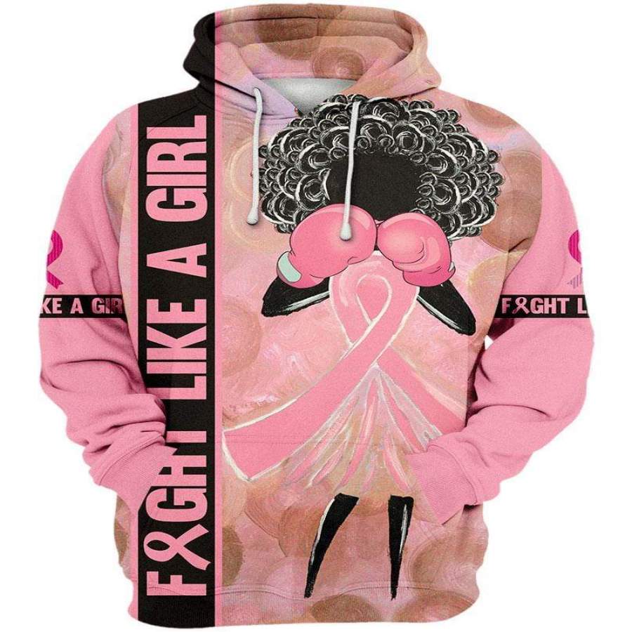 Fight Like A Girl Breast Cancer Awareness Afro Girl Hoodie 3D All Over Print