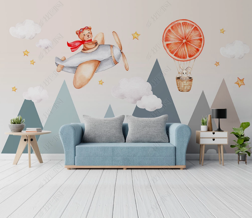 3D Cartoon Animal Bear Airplane Wall Mural Wallpaper Lqh 42