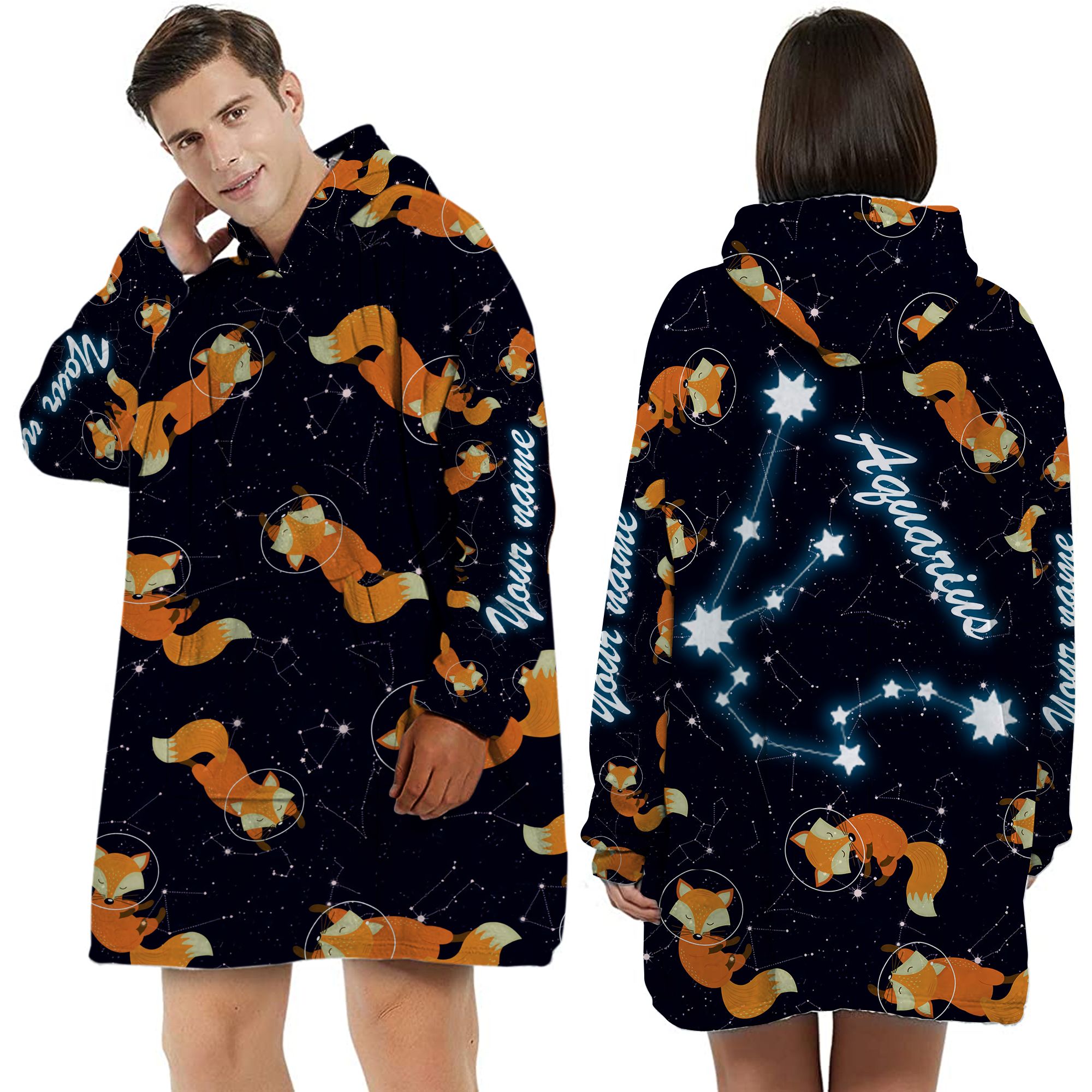 Zodiac Aquarius Foxes Custom Name Huggle Hoodie For Animal And Astronomy Lovers