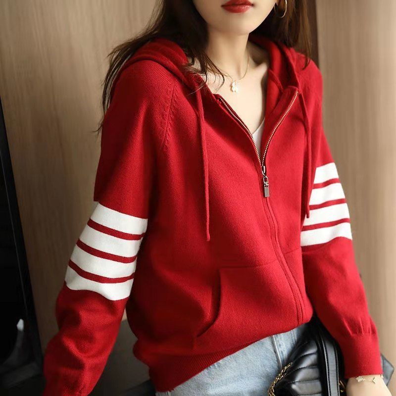 Autumn Winter Fashion Casual Korean Lady Sweatshirts Loose Coat Tops Striped Zipper Knitted Cardigan Top Women Y2K Solid Hoodies alx