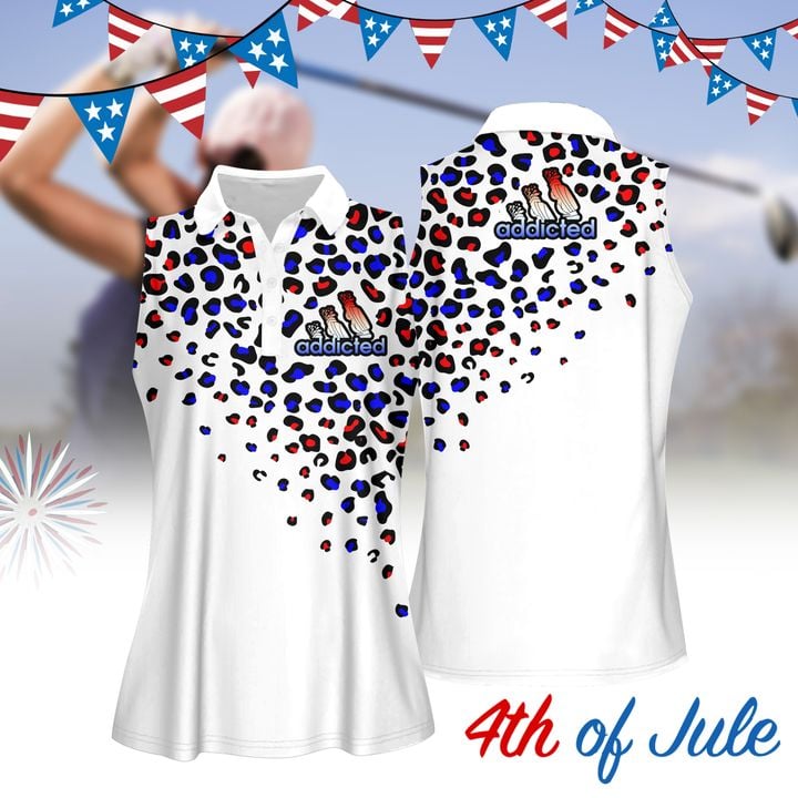 Addicted Golf Leopard American Flag Color Women Golf Apparel, Women Short Sleeve Polo Shirt, Sleeveless Polo Shirt