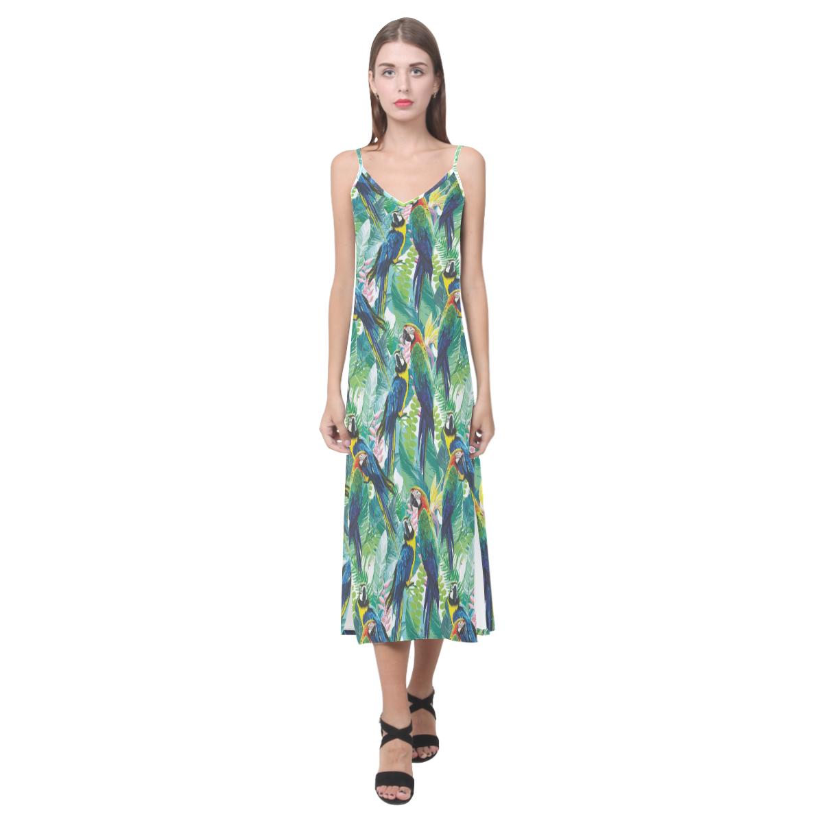 Colorful parrot exotic flower leaves V-Neck Open Fork Long Dress