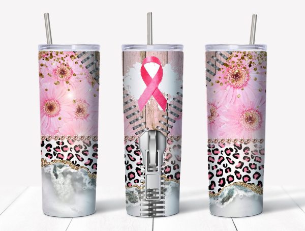 Pink Daisy And Ribbon Zipper Leopard Cheetah Print Breast Cancer Skinny Tumbler