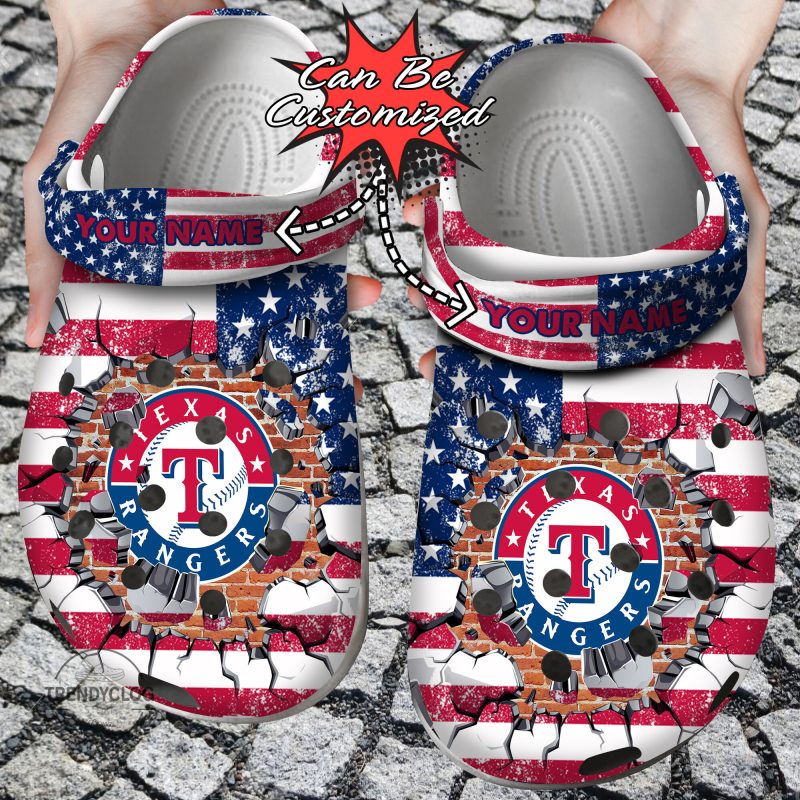 Baseball Personalized TRangers American Flag Breaking Wall Clog Shoes