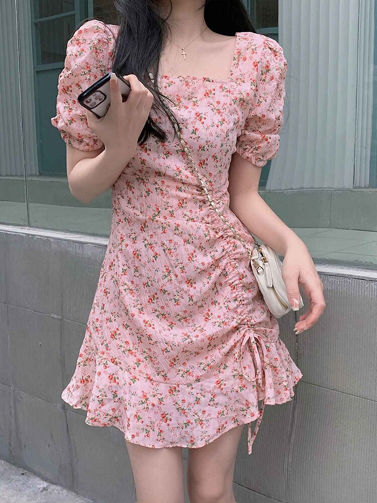 Vintage Bandage Short Puff Sleeve Chiffon Mini Dress for Women Party Sweet Floral Casual French Chic Pink Summer 2022 New Korean alx