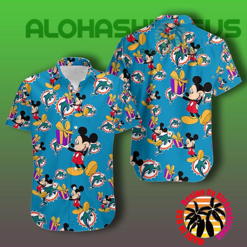 Mickey Mouse Gift Box Miami Dolphins Nfl Sapphire Mens Hawaiian Shirt