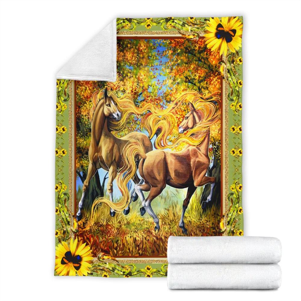 Animal Horse Autumn Grass Flowers Fleece Blanket Family Gift Home Decor Bedding Couch Sofa Soft And Comfy Cozy