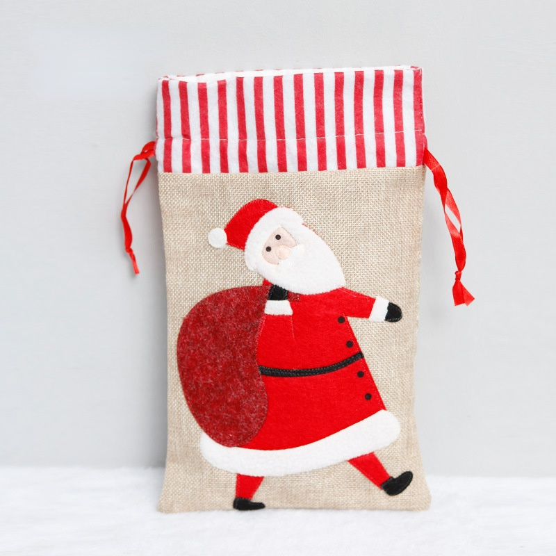 Christmas Decorations 3D Elk Santa Snowman Embroidered Linen Handbag Children’S Gift/Candy Bag 3Pcs