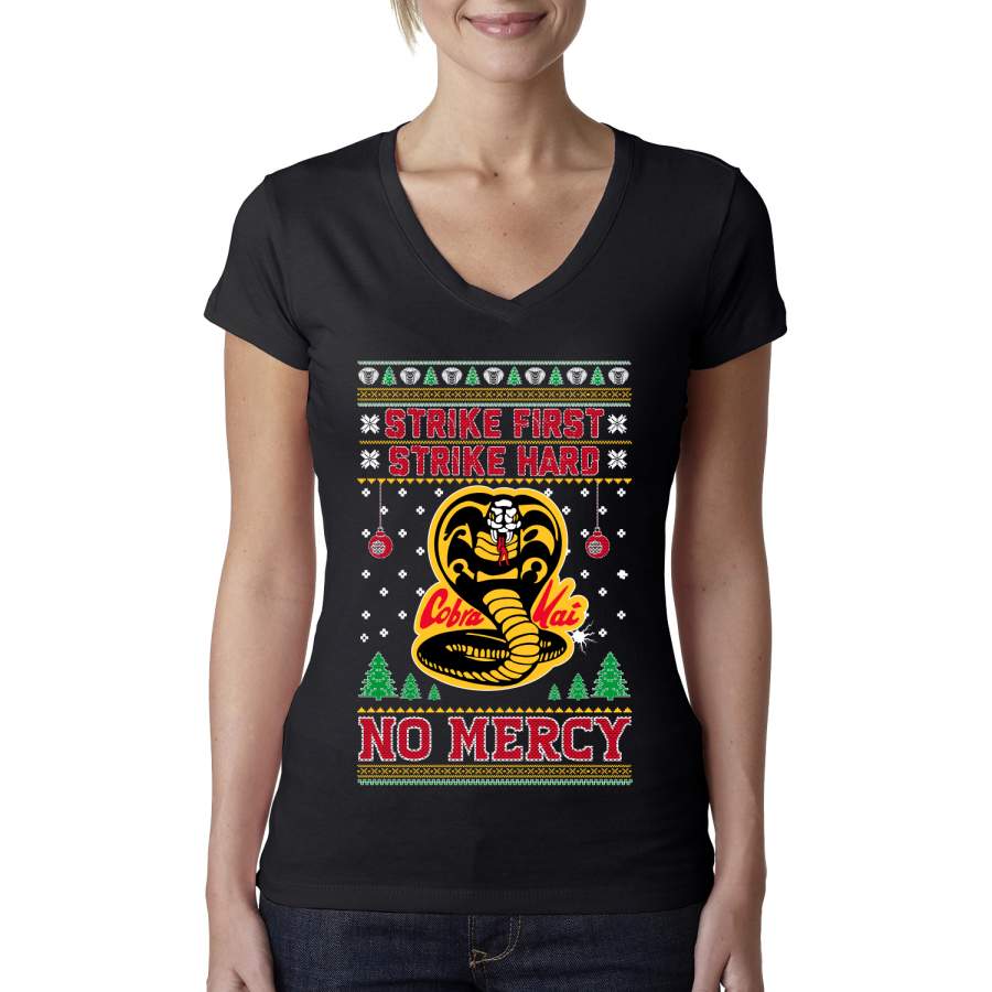 Strike First Strike Hard No Mercy Xmas Ugly Christmas Sweater Womens Junior Fit V-Neck Tee