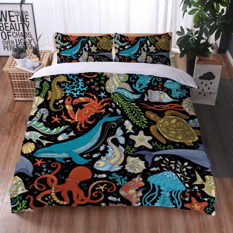 Marine Life Duvet Cover Set Whale Dolphin Turtle 3D Print Bedding Set Boys Girls Bedclothes Single Queen Bed Cover Set