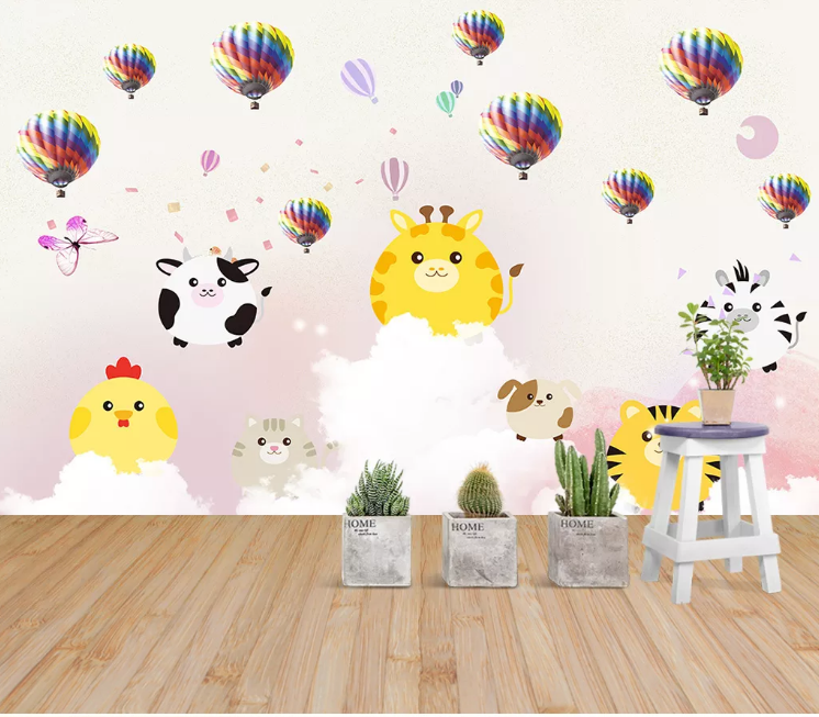 3D Cartoon Animal Hot Air Balloon Wall Mural Wallpaper Sf72