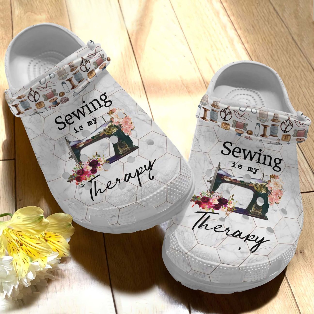 Sewing Personalize Clog, Custom Name, Text, Fashion Style For Women, Men, Kid, Print 3D Whitesole Sewing Is My Therapy