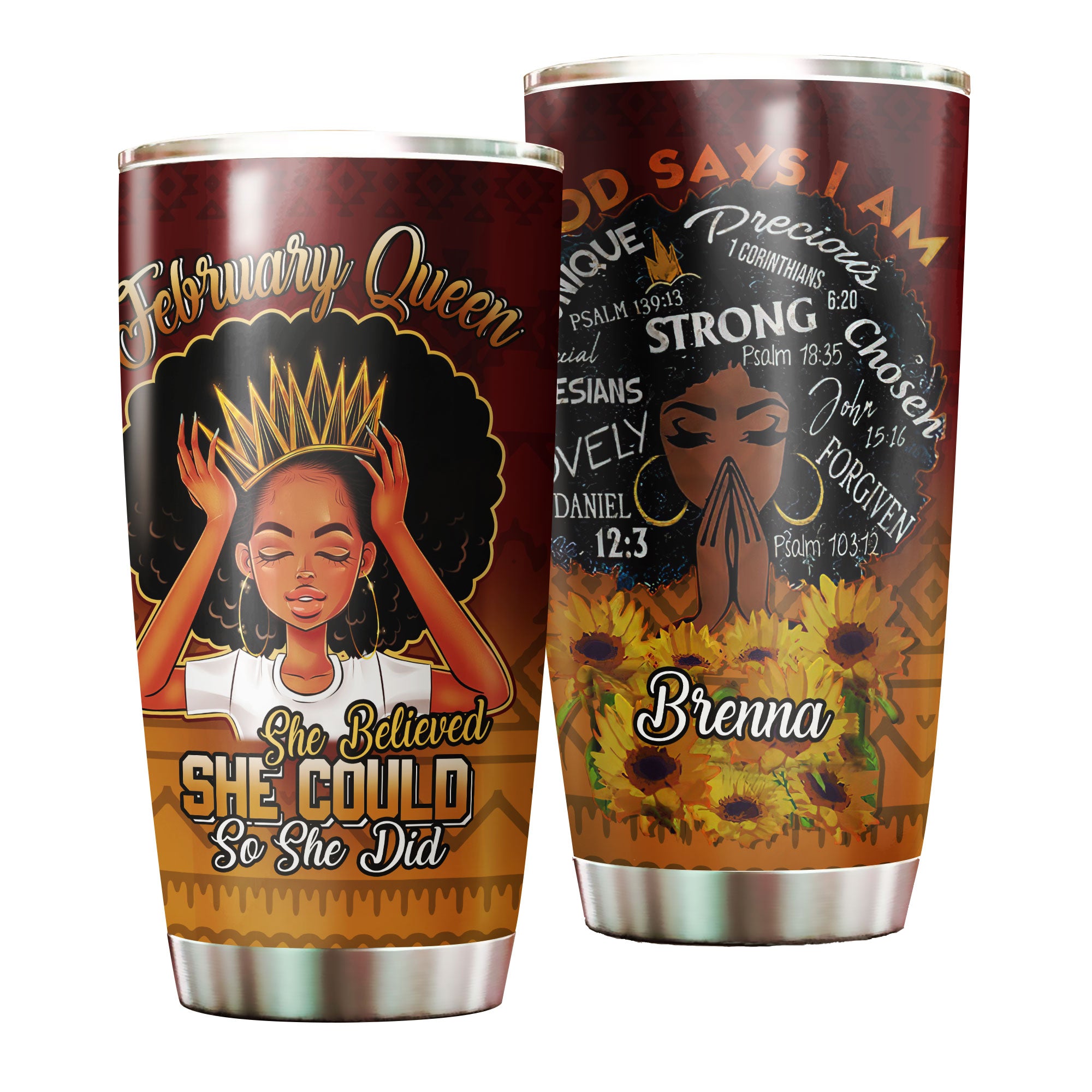 Personalized Black Woman February Queen Stainless Steel Tumbler – Double-Walled Insulation Vacumm Flask – Gift For Black Queen, International Women’S Day, Hippie Girls