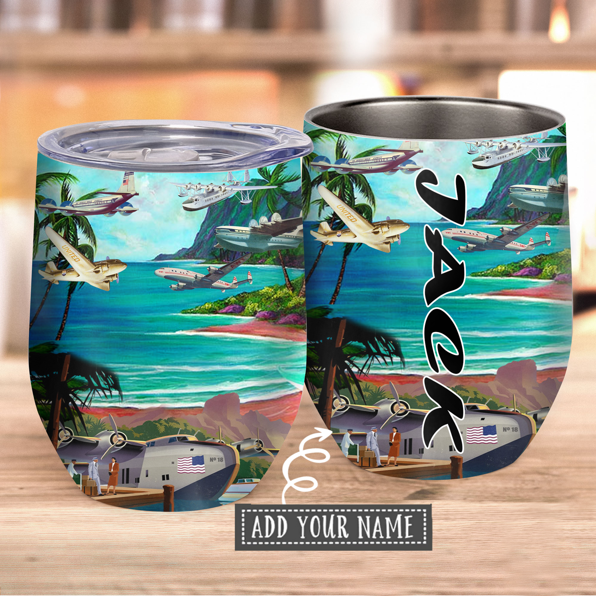 Airplane Fly To Hawaii Personalized – Wine Tumbler  – Owl Ohh