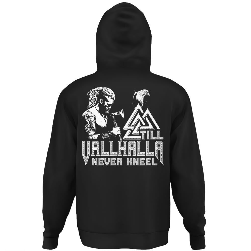 Till Valhalla Never Kneel Vikings Wolf Of Odin Hoodie Print On Back