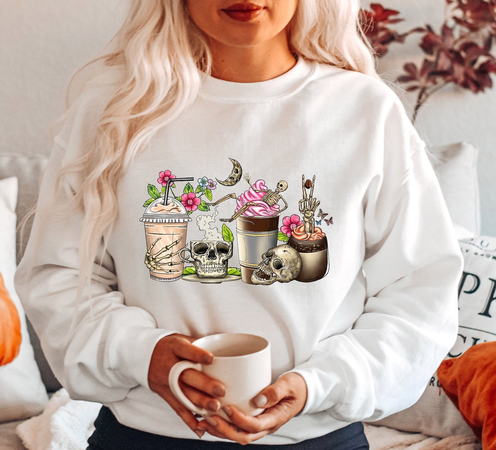 Coffee Cups Sweatshirt, Halloween Sweatshirt, Coffee Lover Sweatshirt, Skull Coffee Cup Sweatshirt