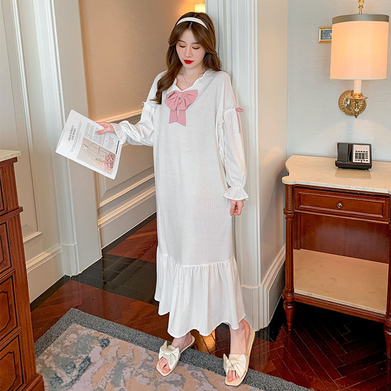 2022 Autumn Princess Cute Bow Long Sleeve Cotton Nightgowns for Women Korean Long Dress Sleepwear Night Dress Nightdress Nighty alx