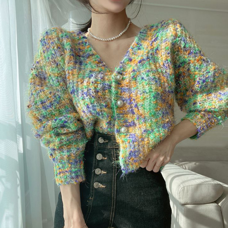 Sweet V Neck Chic Pearl Button Long Sleeve Candy Color Cardigans Korean Clothes Cropped Cardigan 2022 Sweaters for Women Coat alx