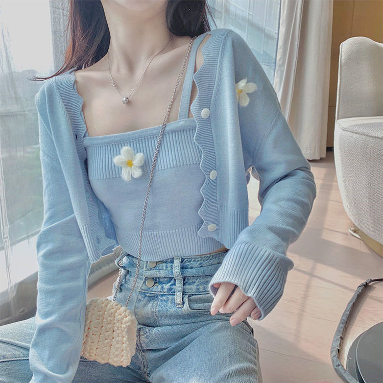 Autumn Sweater Women Two Piece Set Korean Fashion Flower Cropped Sweater Coat+Knitted Tank Top Casual Long Sleeve Loose Cardigan alx