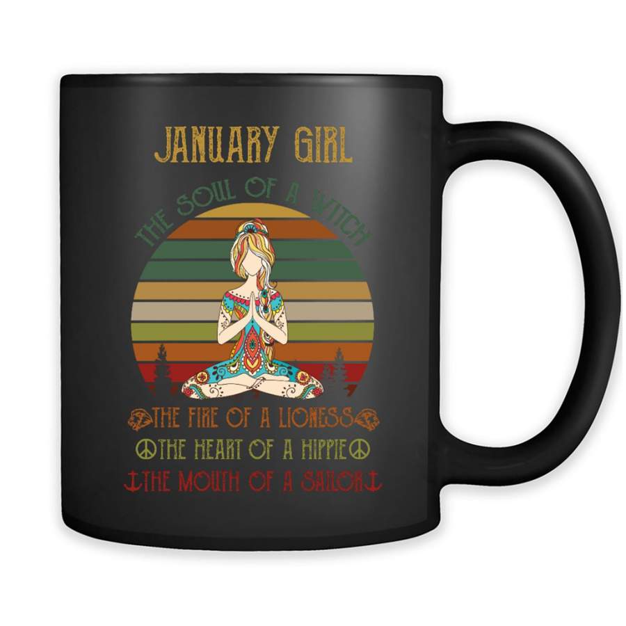 January Girl The Soul Of A Witch The Fire Of A Lioness The Heart Of A Hippie The Mouth Of A Sailor, Classic Vintage Retro – Full-Wrap Coffee Black Mug