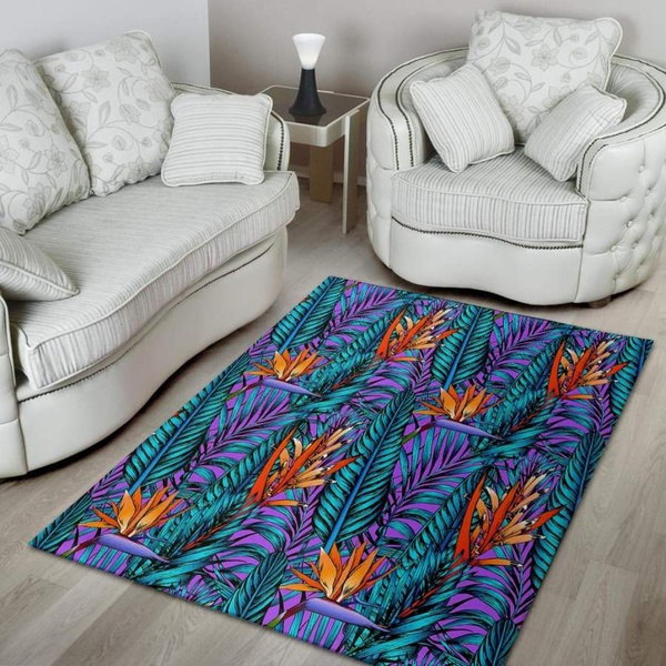 Neon Palm Leaf Tropical Print Area Rug