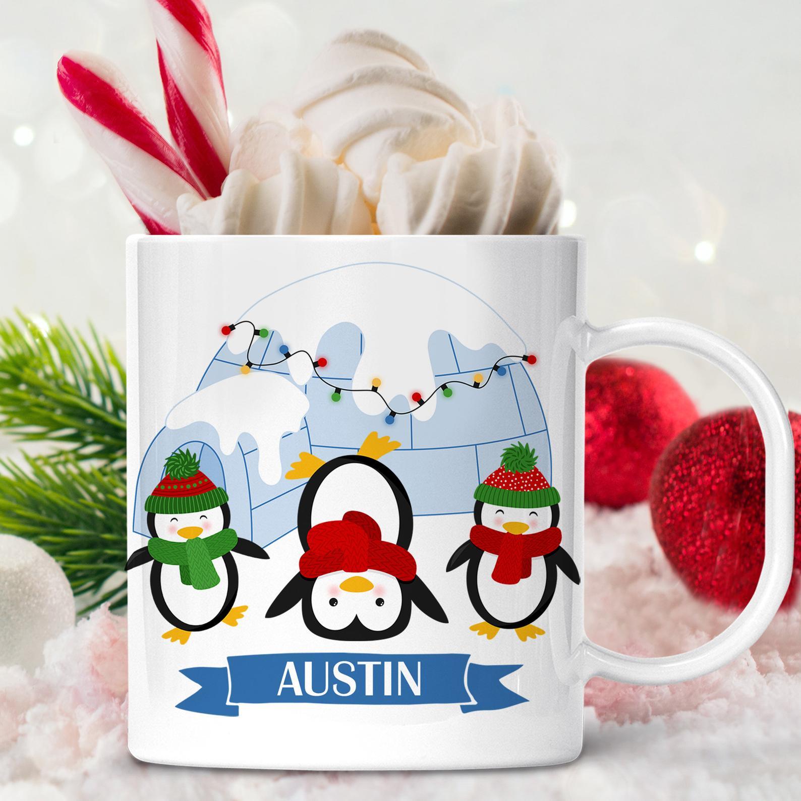 Pesonalized Name Kids Penguin Christmas Ized With Igloo Lightweight Unbreakable Kids Bpa Free Mug White Ceramic 11-15Oz Coffee Tea Cup