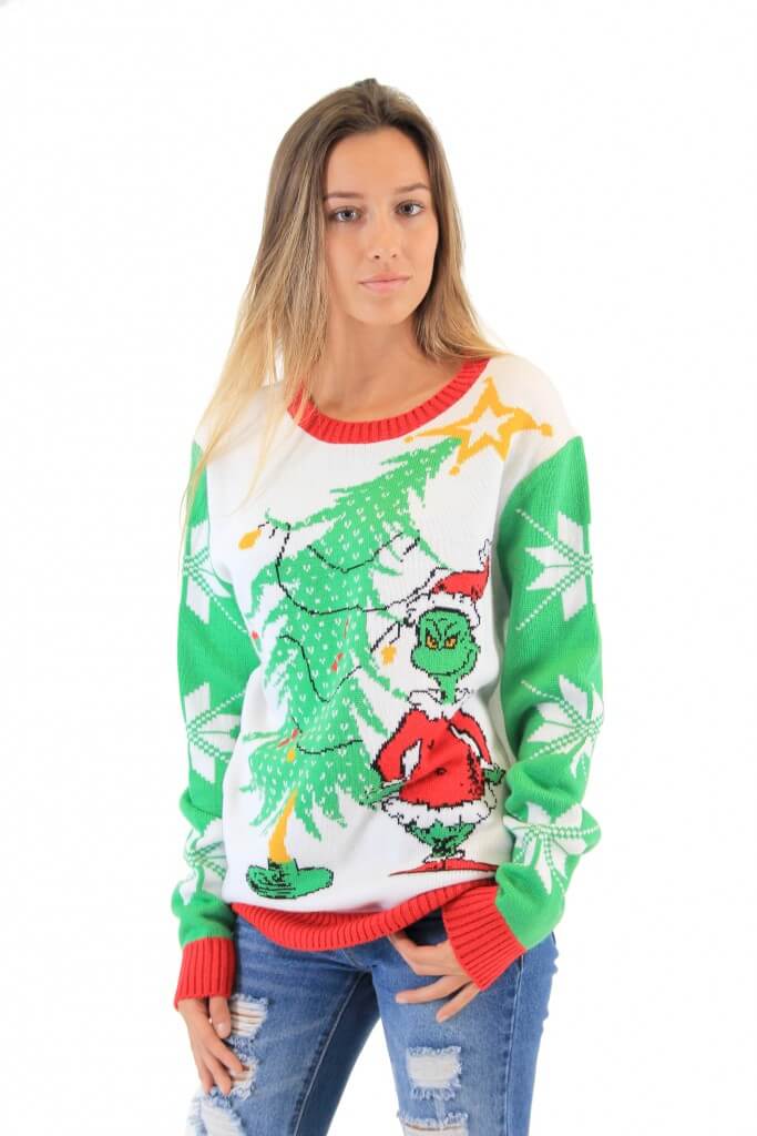 Women’S Dr Seuss Grinch As Santa Next To Tree Adult Off-White Ugly Christmas Sweater