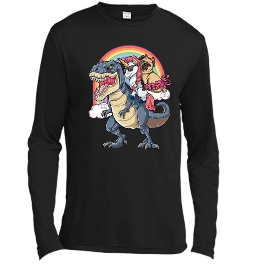 Unicorn and Pit Pug Dog Riding Dinosaur Rainbow – Canvas Long Sleeve Shirt