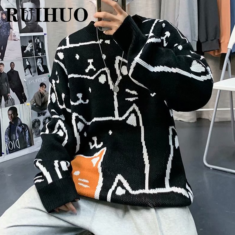 2022 Autumn Winter Men’s Sweater New Cartoon Cat Sweater Hip Hop Street Men’s Oversized Sweater Fashion Harajuku Free Shipping alx