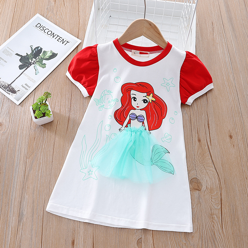 Summer Infant Girls Casual Dresses Elsa Snow White Mermaid Princess Costume Cartoon Puff Sleeves Three Dimensional T-shirt Dress alx