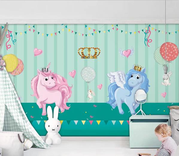 3D Green Stripes Unicorn Pegasus Rabbit Child Wall Mural Wallpaper 1046