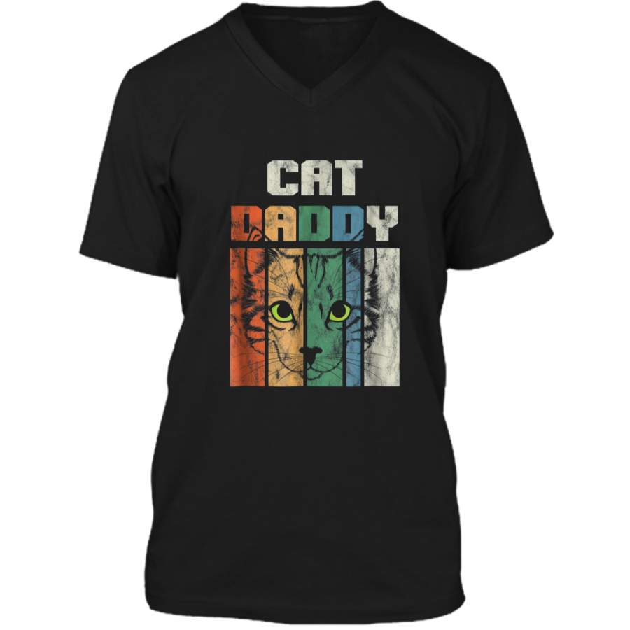 Retro Cat Dad Daddy Cool Kitten Lover Vintage  Mens Printed V-Neck T