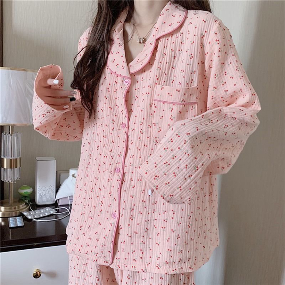 100%cotton Pajama Sets Women Cute Cherry print Spring Long Sleeve Sleepwear Loose Sweet Girl Students Length Pants Lounge Wear alx