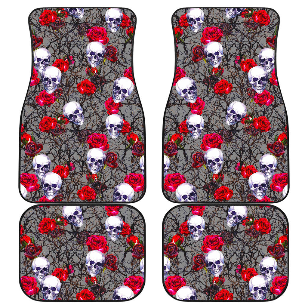 Rose Branch Skull Pattern Print Front And Back Car Floor Mats, Front Car Mat