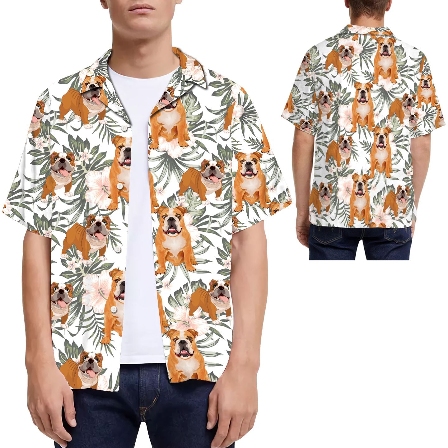 Bulldog Tropical Leaves Hibiscus Men Hawaii Summer Beach Shirts For Dog Lovers Ha102059