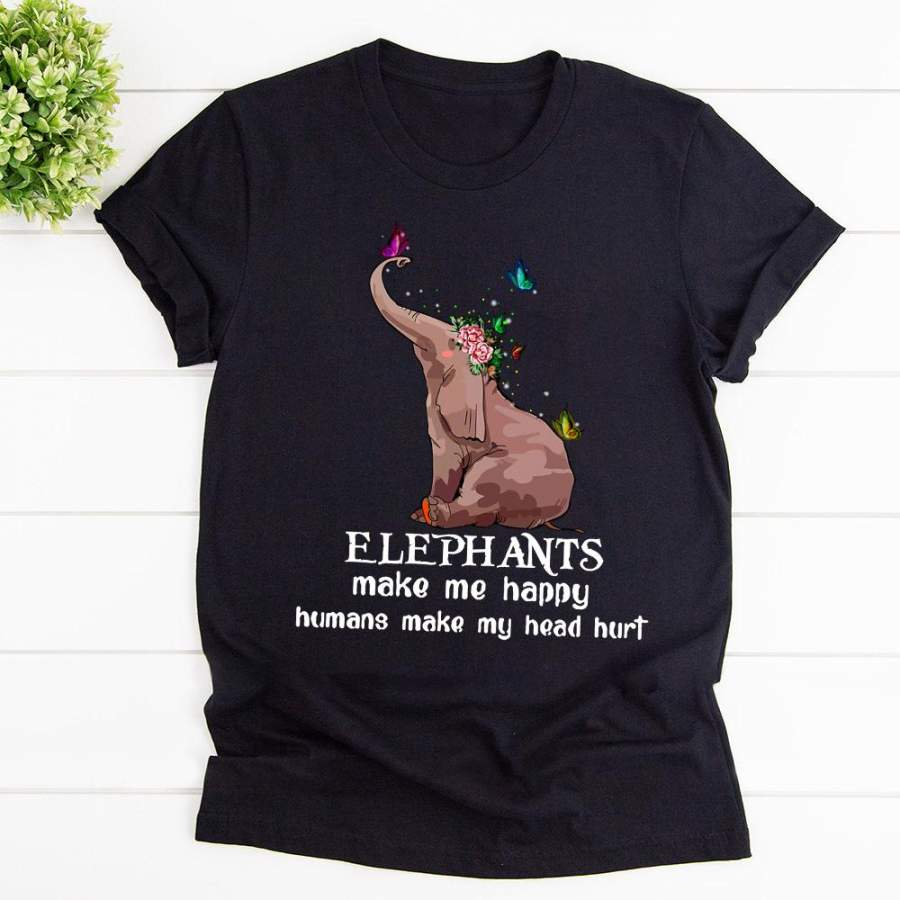 Elephants make me happy black cotton t shirt for men and women S-6XL