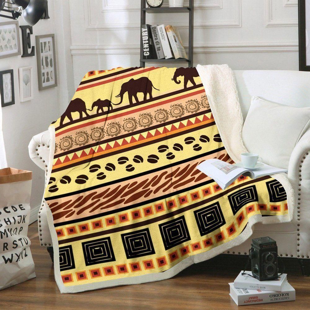 African Elephant Vintage Pattern Printed Fleece Blanket, Sherpa Blanket, Gift For Parent, Family Member, Friends Gift, Christmas Gift, Home Decor, Home Living