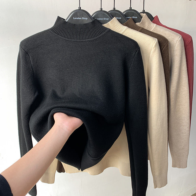 Winter Warm Korean Plus Velvet Sweater Woman Knitwear Turtleneck Thicken 2022 Knitted Pullovers Casual Fleece Lined Tops 22846 alx