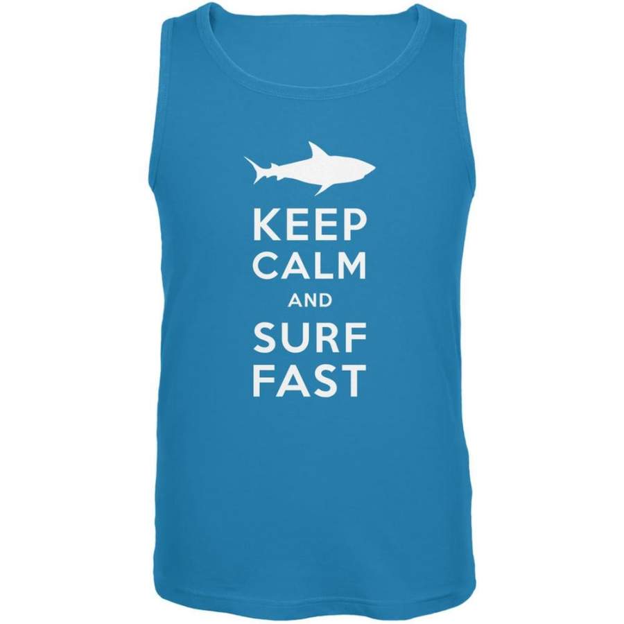 Shark Keep Calm and Surf Fast Turquoise Adult Tank Top