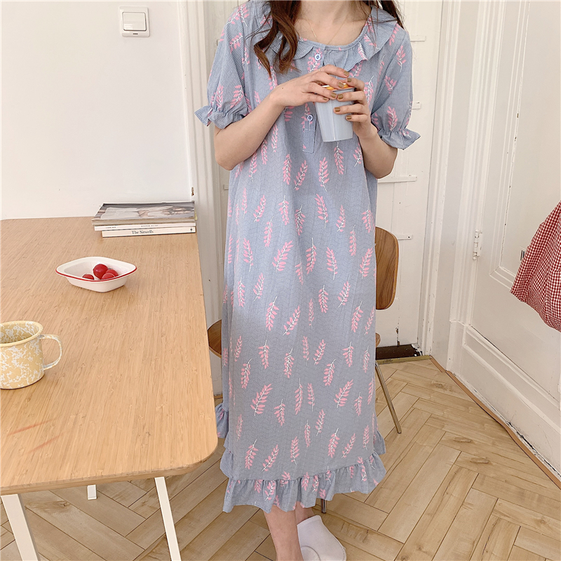 women nightgowns full cotton sleepwear summer dress home clothes print peter pan collar short sleeve nightdress vestidos Y652 alx