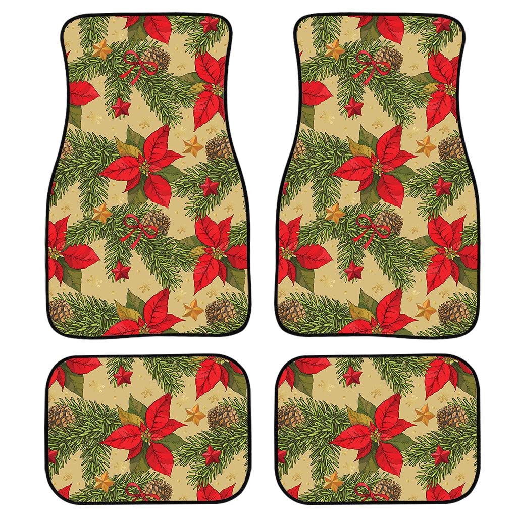 Vintage Christmas Poinsettia Print Front And Back Car Floor Mats, Front Car Mat